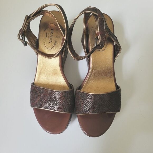 Prada Gold & Brown Wedge Sandals Size 39 - Picture 1 of 7